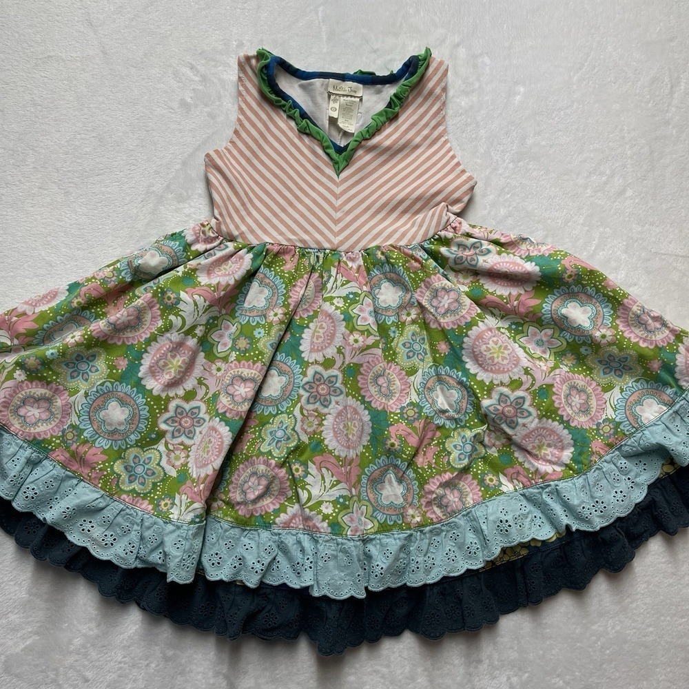 Matilda Jane Sleeveless Floral Dress Girls Sz 6 Ruffle Birds Pockets chevron